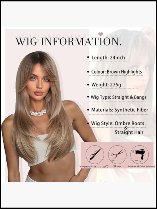24 inch Straight Wig with Bangs Layered Synthetic Hair Heat Resistant Daily Wear